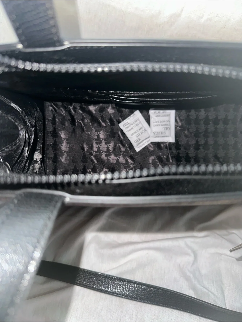 Karl Lagerfeld Black & Beige KL Logo Stripe Satchel with Character Patch
